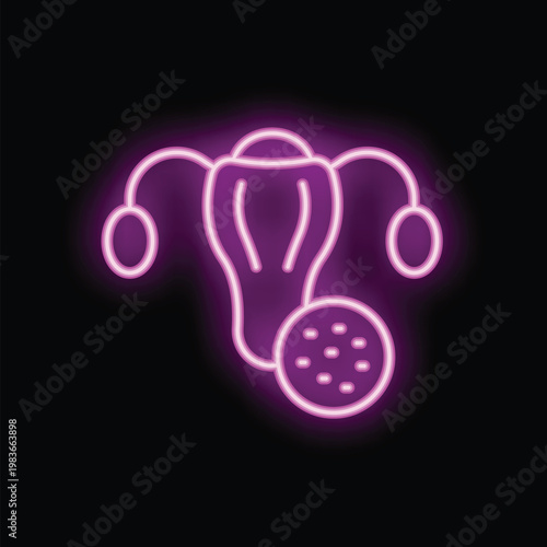Neon pink uterus icon glowing on dark background representing ovulation cycle for fertility, gynecology and reproductive health