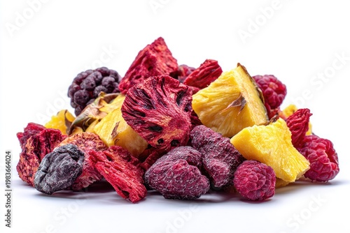 Pile of freeze-dried mixed berries and pineapple chunks on a white background.