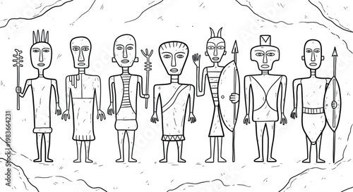 Ancient rock art line drawing of human figures with spears and headdresses
