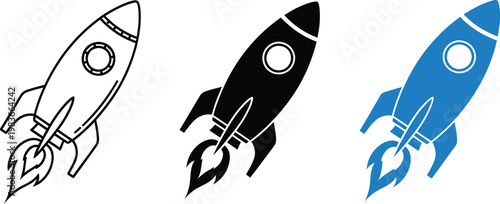 Rocket ship illustrations black and white and blue variations