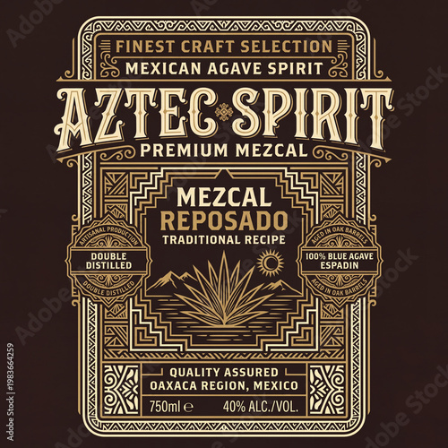 Design of vintage engraved label for Aztec Spirit premium mezcal from Oaxaca region in Mexico