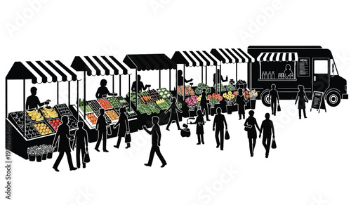A bustling outdoor farmers market scene is depicted with numerous stalls displaying fresh produce and people shopping presented as a silhouette high quality professional