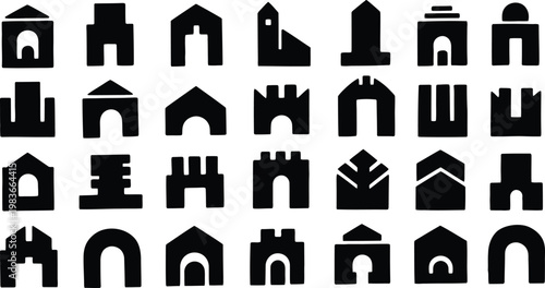 Black silhouette collection of diverse architectural structures and building forms