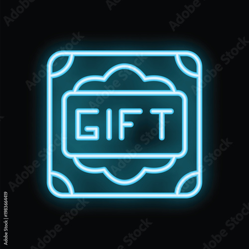 Blue neon sign of a gift on a black background, perfect for any project needing a bright, colorful illustration