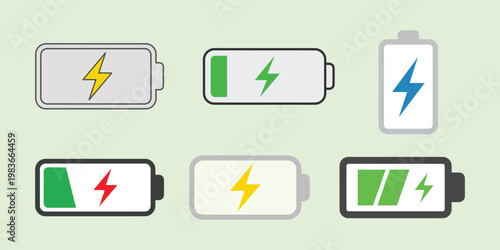 Set of battery icons with different charge levels and lightning bolt symbols in vector