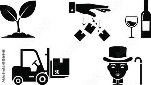 Diverse black silhouette icons growth logistics elegance and handling