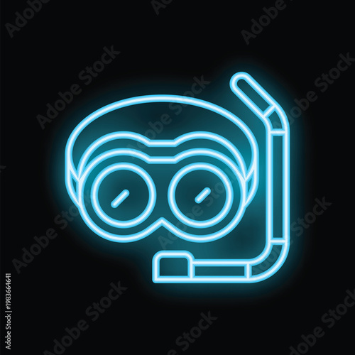 Neon sign depicting a diving mask with snorkel is glowing on a dark background