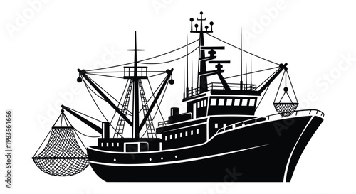 A detailed black silhouette of a large shrimp trawler boat with rigging and nets deployed showcasing maritime industry equipment silhouette high quality professional modern