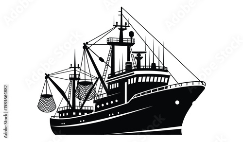 A striking black and white depiction of a large fishing vessel with a prominent boom and net showcasing a detailed silhouette high quality professional