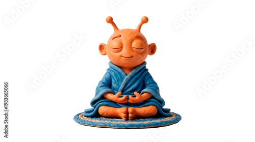 3d clay Orange Alien Monk Meditating wearing a Blue Robe