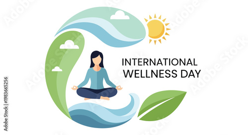 International wellness day illustration featuring a woman meditating within a nature themed circle