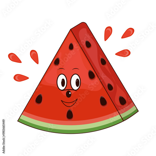 Cute watermelon slice character vector illustration, smiling cartoon watermelon mascot