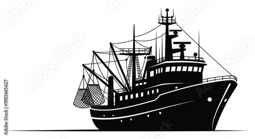 A detailed black and white illustration showcases a shrimp trawler vessel complete with rigging and nets presented as a striking silhouette high quality professional