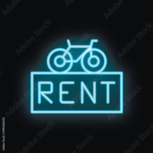 Blue neon sign advertising bike rental with glowing bicycle silhouette on top