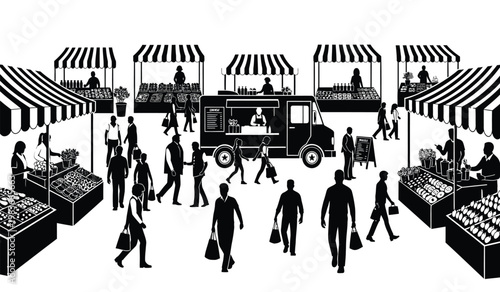 A bustling outdoor market scene is depicted with numerous vendors and customers all rendered as a striking black silhouette high quality professional detailed modern