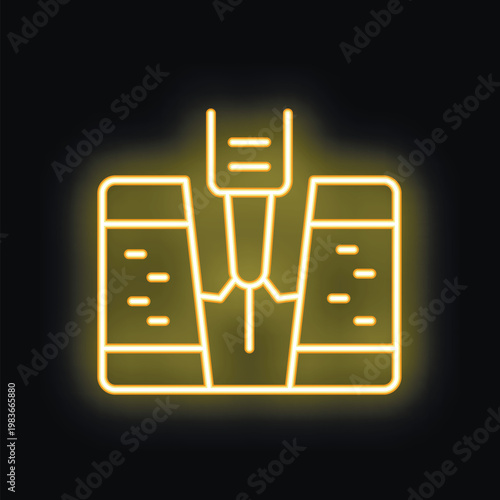 Yellow glowing neon icon of a sewing machine stitching fabric with a needle on a black background
