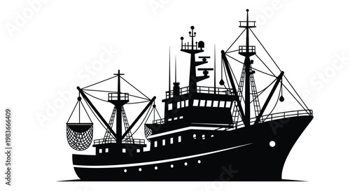 A detailed black and white depiction of a large fishing vessel with prominent rigging and machinery presented as a silhouette high quality professional modern