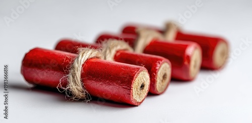 Red Firecrackers with Twine on White Background.