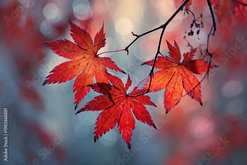 Vibrant Red Maple Leaves on Branch with Soft Bokeh Background.