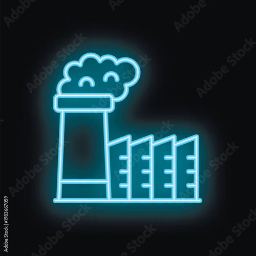Blue neon style icon of a factory emitting smoke into the atmosphere representing air pollution