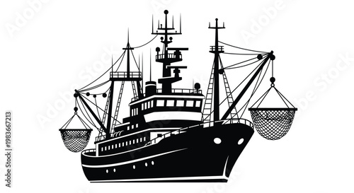 Tableau sur toile A striking black and white illustration depicts a large fishing vessel with intr