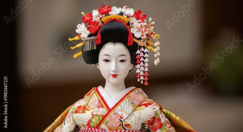 Young Japanese maiko woman wearing a traditional kimono and hairpins