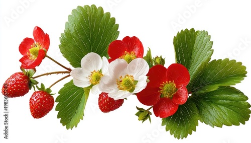 Fresh Strawberries with Blossoms and Green Leaves on White Background.