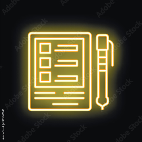 Neon yellow glowing symbol of a digital tablet with a checklist on its screen and a stylus
