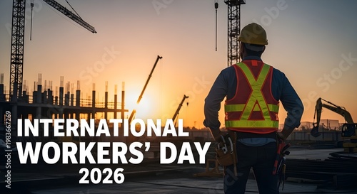 International workers' day 2026 a construction worker silhouetted against a vibrant sunset