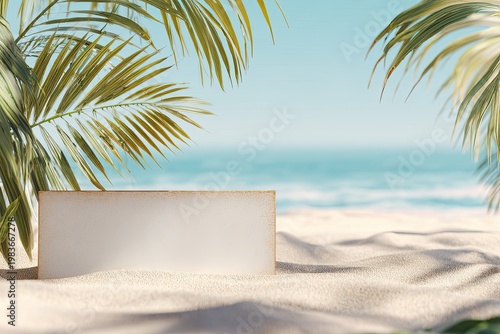 Tropical Beach Scene with Empty White Pedestal and Palm Leaves.