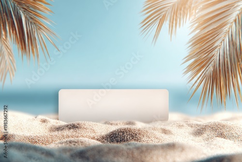 Tropical Beach Scene with Empty Podium on Sand and Palm Leaves.