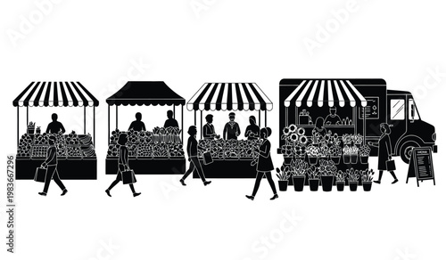 A bustling outdoor farmers market scene depicts vendors shoppers and a food truck all rendered as a striking silhouette high quality professional detailed modern
