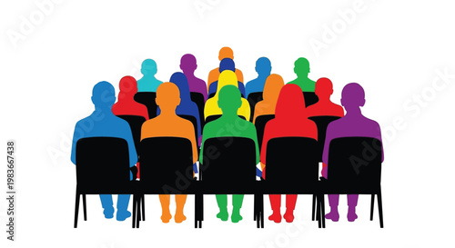 A vibrant collection of seated figures in various colors fills the frame suggesting a diverse audience or group meeting silhouette high quality professional detailed