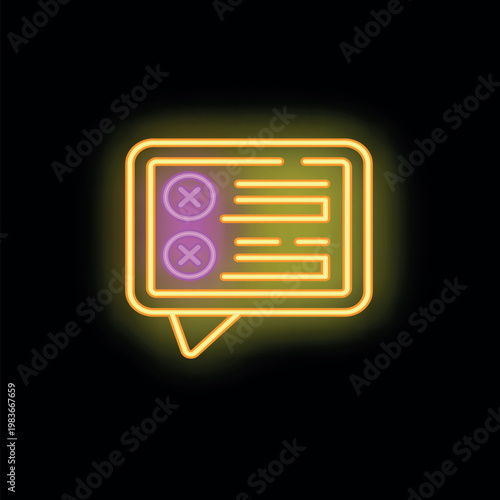 Neon online survey speech bubble showing two wrong answers with purple crosses and yellow lines of text on black background