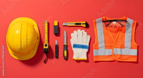 Construction safety gear layout on a vibrant red background
