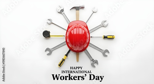 International workers' day celebration tools arranged in a radial pattern