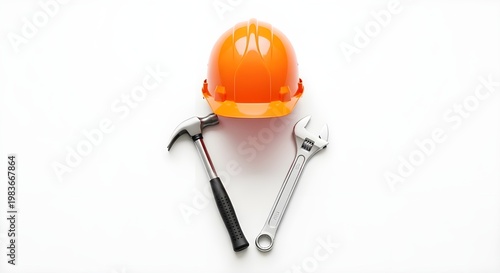 Construction tools orange hard hat crowbar and chain on white background