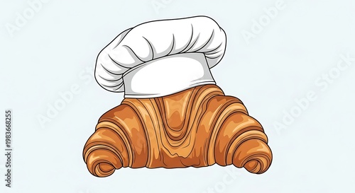 A golden croissant wearing a chef's hat on a light blue background