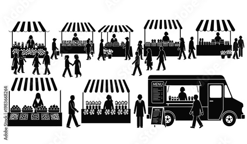 A bustling outdoor market scene depicts vendors selling produce flowers and food to pedestrians featuring a food truck silhouette high quality professional detailed modern