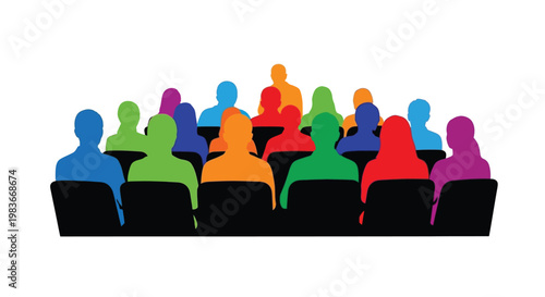 A brightly colored arrangement depicts a seated audience likely in a theater or lecture hall rendered as a striking silhouette high quality professional detailed