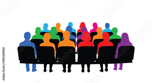 A vibrant arrangement of colorful human figures seated in rows representing an audience or group event a striking silhouette high quality professional detailed modern