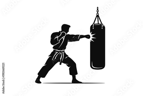 A martial arts master in a tense pose punches a punching bag during a training session