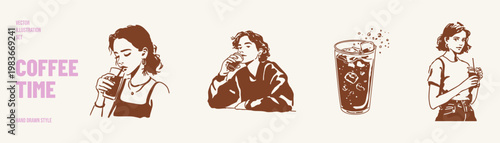 Iced coffee drinks people refreshing beverage summer set. Characters hold cold drinks with ice cubes in glasses. Illustrations for advertising and packaging in hand drawn sketch style.