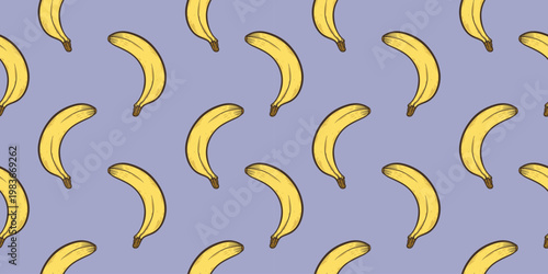 Vivid banana seamless pattern with yellow bananas on blue background, hand-drawn vector illustration, tropical fruit repeat design, isolated, packaging and textile print, kids design and nursery decor