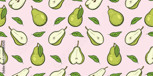 Bright pear seamless pattern with whole and sliced green pears and leaves on pastel pink background, hand-drawn vector illustration, fresh fruit repeat design, line art contour with fill, isolated
