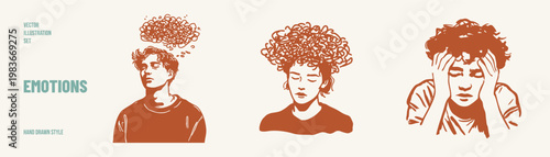Emotions confusion stress headache tangled thoughts anxiety set. Characters show overload and mental pressure with chaotic lines. Illustrations for psychology and awareness in hand drawn sketch style.