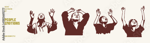 People emotions raised hands joy celebration expressive set. Characters show excitement with gestures and uplifted arms. Illustrations for social media and posters in hand drawn sketch style.