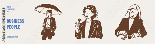 Business women stress finance problem umbrella puzzle concept. Female characters deal with risk decisions and money counting. Illustrations for consulting and education in hand drawn sketch style.