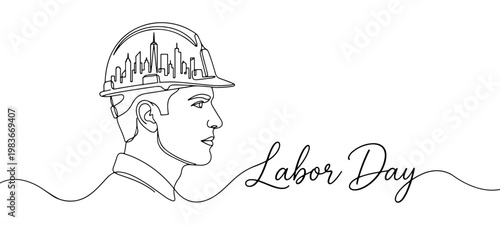 Minimalist Labor Day Banner with Construction Worker – One Line Art Abstract Illustration for Industry Celebration, Social Media Campaigns, Posters, Branding & Workforce Appreciation Design
