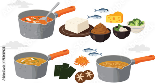 Miso Soup Ingredients and Cooking Set with Tofu Fish Seaweed Cheese and Simmering Pots Traditional Asian Cuisine Vector Illustration Collection